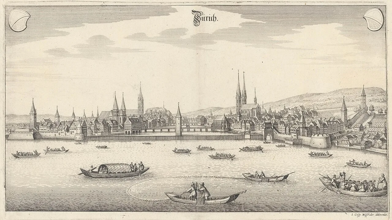 Zurique vista do lago, com o Grossmünster, gravura de Matthäus Merian, 1642, Zentralbibliothek Zürich. Domínio público.