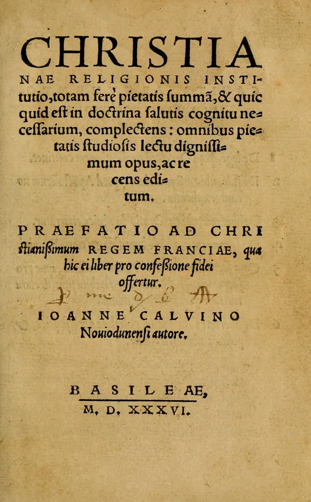 Christianae religionis institutio, Basileia, 1536, folha de rosto. Domínio público.
