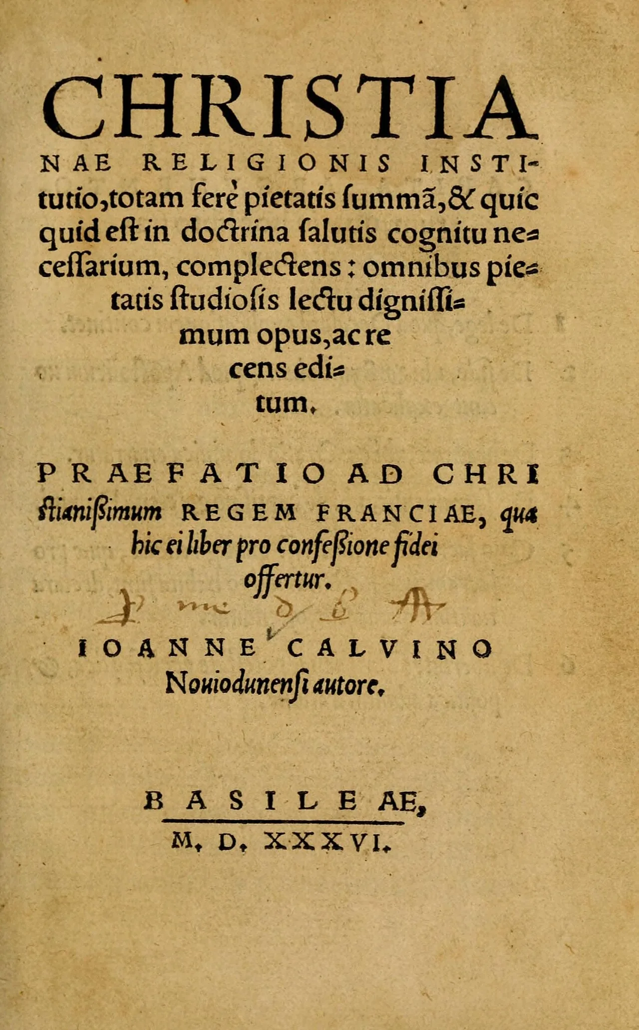 Christianae religionis institutio, Basileia, 1536, folha de rosto. Domínio público.