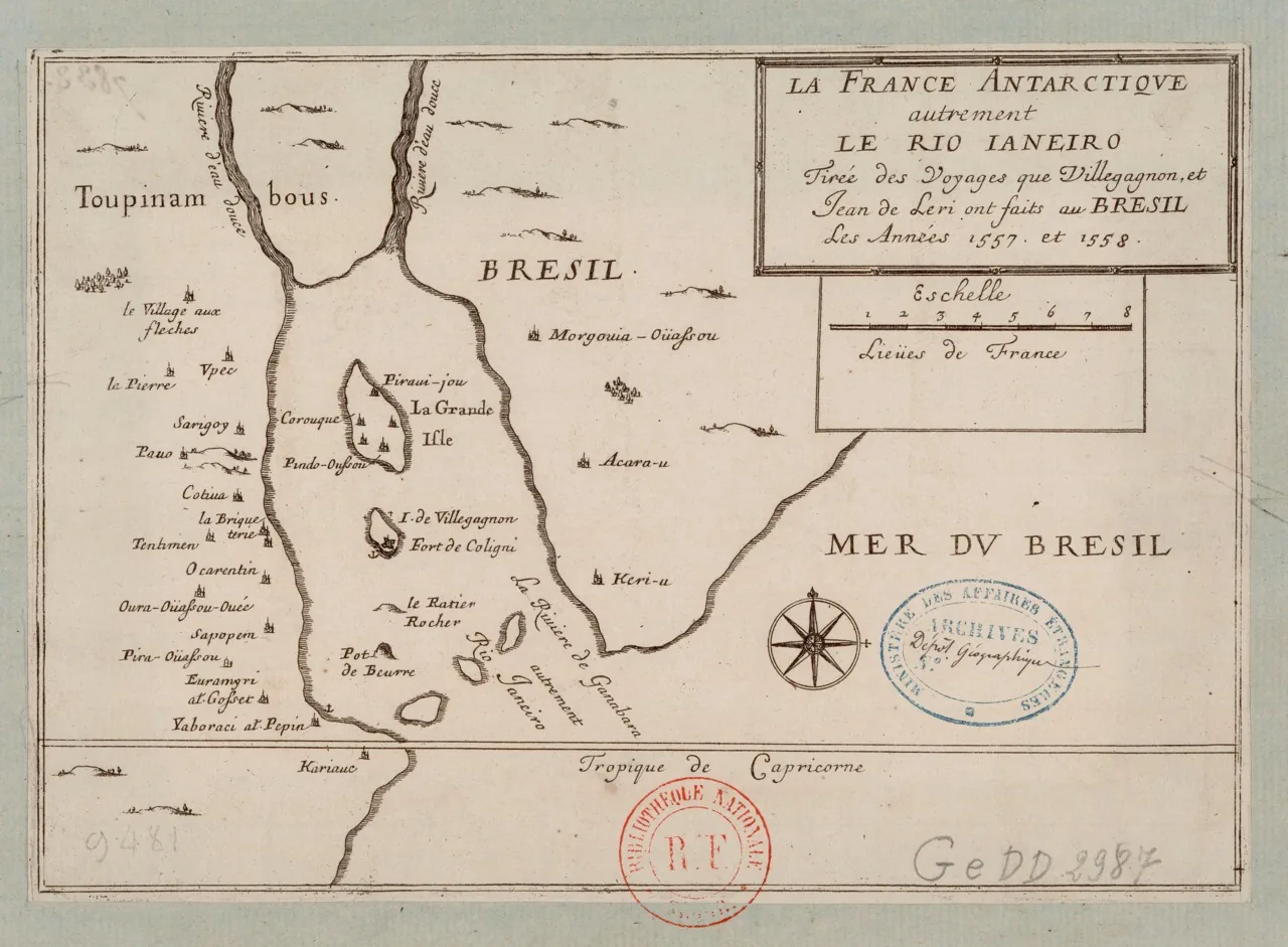 La France Antarctique autrement le Rio Ianeiro, mapa atribuído a Pierre Duval (séc. XVII, baseado em Léry). Domínio público.