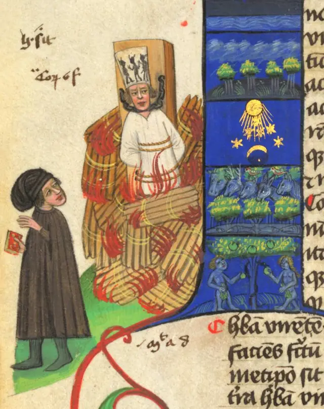 Jan Hus na fogueira, Bíblia de Martinice (c. 1430), Biblioteca da Academia de Ciências da República Tcheca. A imagem mais antiga conhecida de Hus. Domínio público.