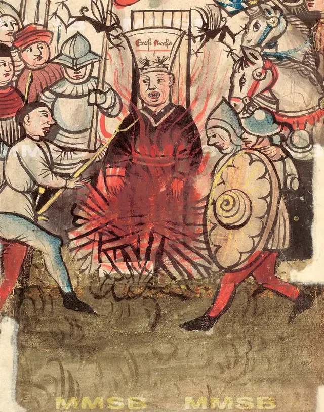 Queima de Jan Hus, Crônica do Concílio de Constança de Ulrich Richental, manuscrito de Praga (1460–64). Domínio público.