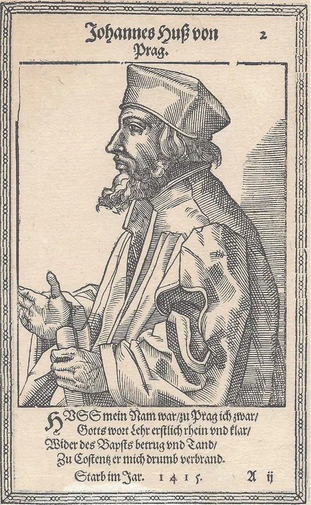 Jan Hus, xilogravura de Christoph Murer (1587). Retrato imaginado. Domínio público.