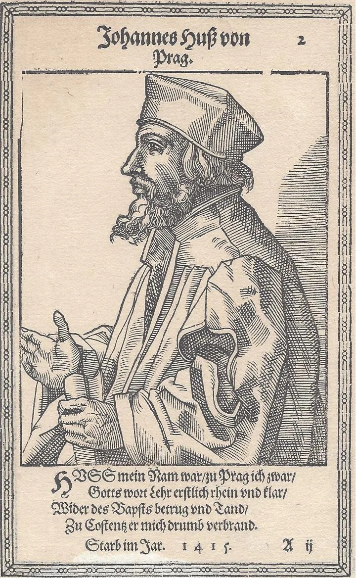 Jan Hus, xilogravura de Christoph Murer (1587). Retrato imaginado. Domínio público.