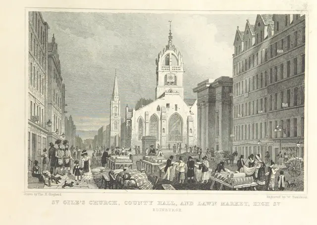 Igreja de St Giles, Edimburgo, gravura de Thomas H. Shepherd, 1829, British Library. Domínio público.