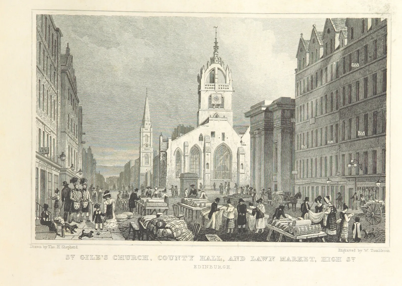 Igreja de St Giles, Edimburgo, gravura de Thomas H. Shepherd, 1829, British Library. Domínio público.