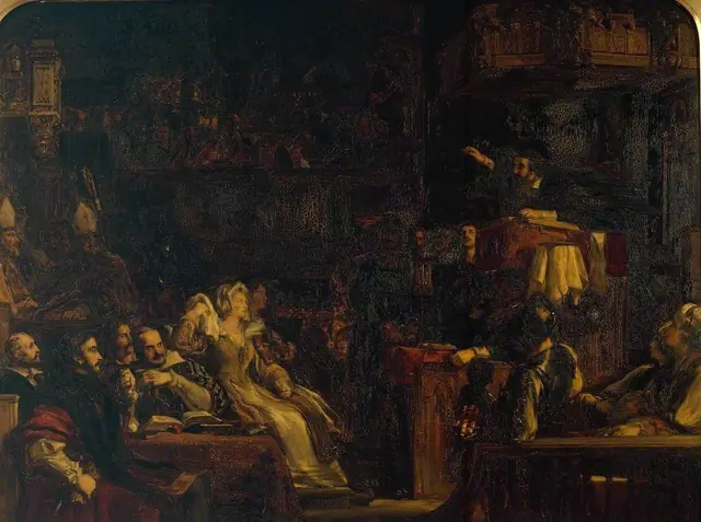 Sir David Wilkie, A pregação de Knox perante os Lordes da Congregação, 10 de junho de 1559, 1832, Tate (N00894). Cena imaginada no séc. XIX. Domínio público.