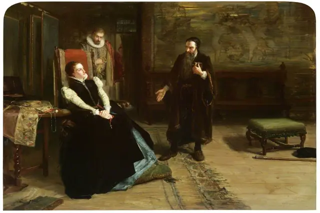 Robert Herdman, A conferência entre Maria, rainha dos escoceses, e John Knox em Holyrood, 1561, 1875, Perth Museum & Art Gallery. Cena imaginada no séc. XIX. Domínio público.