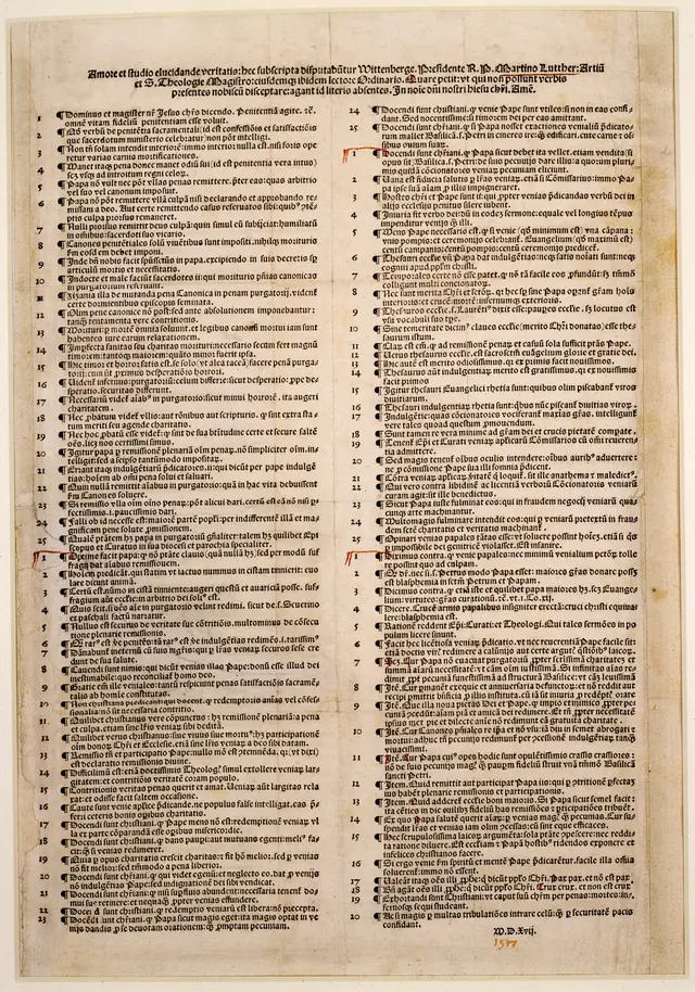 Disputatio pro declaratione virtutis indulgentiarum (95 Teses), impressão de 1517. Staatsbibliothek zu Berlin / World Digital Library. Domínio público.