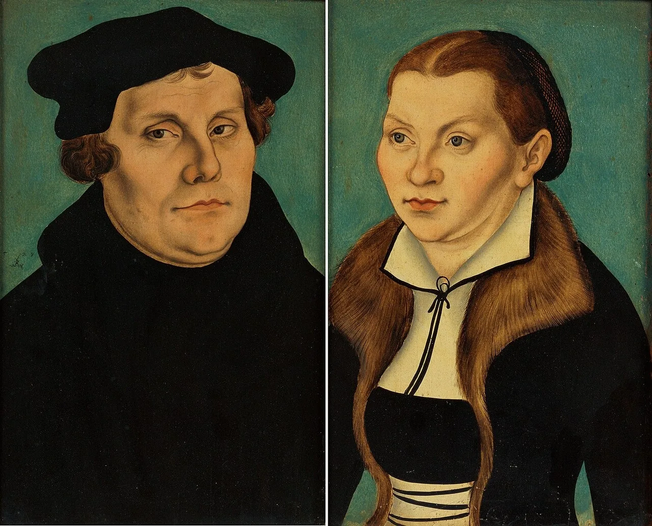 Oficina de Lucas Cranach, o Velho, Martinho Lutero e Catarina von Bora, 1529. Hessisches Landesmuseum Darmstadt. Domínio público.