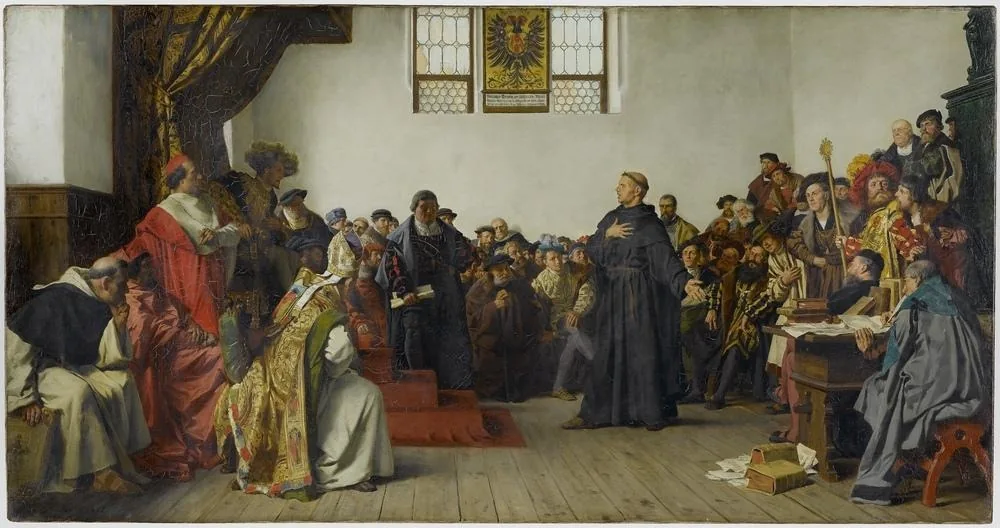 Anton von Werner, Lutero na Dieta de Worms, 1877. Staatsgalerie Stuttgart. Domínio público. Representação do séc. XIX.