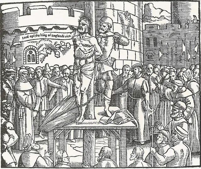 Execução de Tyndale, xilogravura em John Foxe, Actes and Monuments (1563). Domínio público.