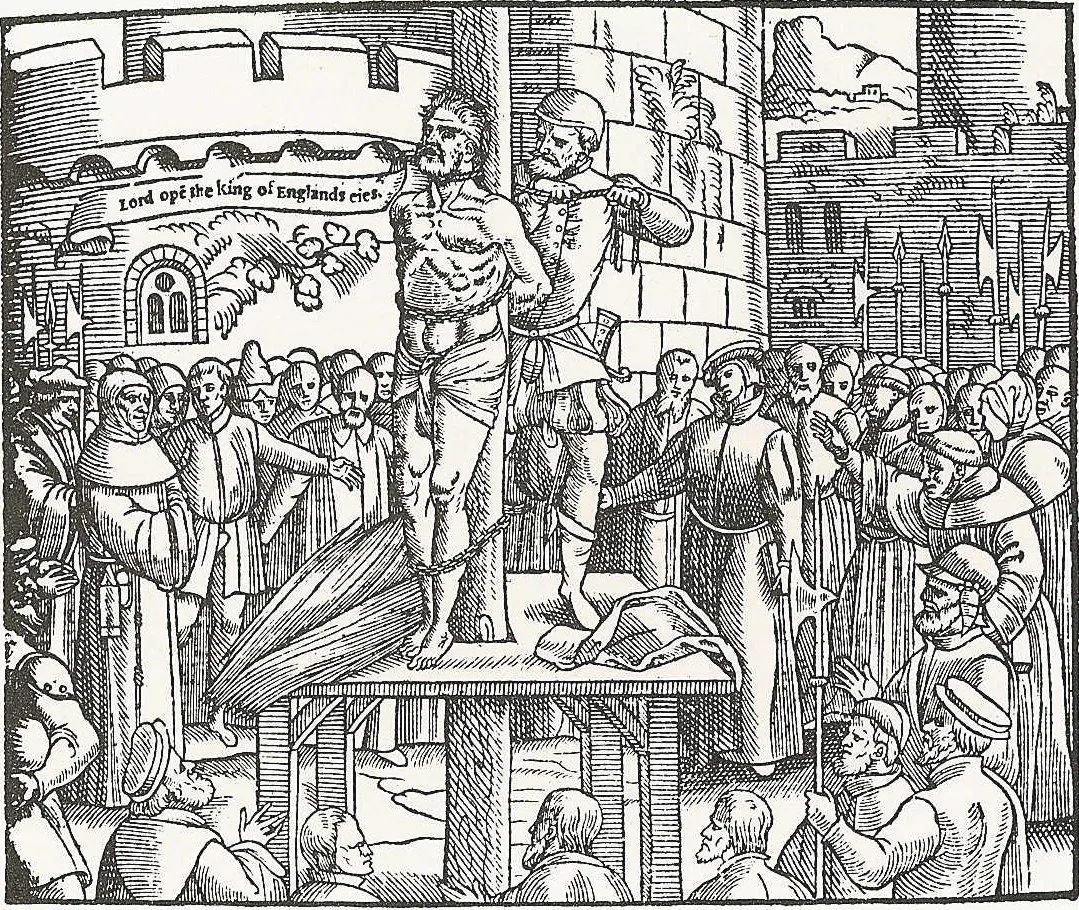 Execução de Tyndale, xilogravura em John Foxe, Actes and Monuments (1563). Domínio público.