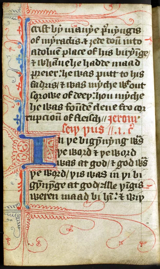 Evangelho de João, Bíblia wycliffita (fim do séc. XIV), Glasgow University Library, MS Hunter 191. Domínio público.