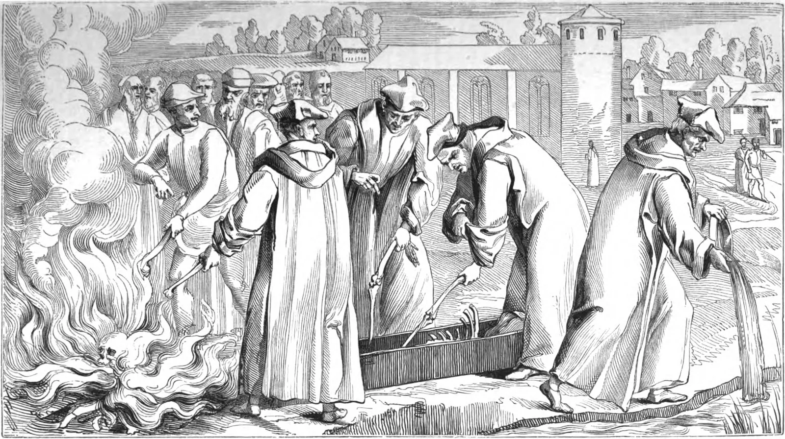 Exumação de Wycliffe, gravura em Foxe, Acts and Monuments, ed. de 1837. Domínio público.