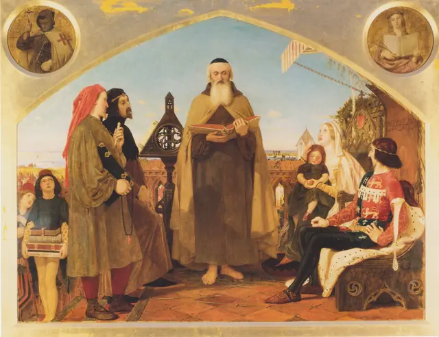 Ford Madox Brown, Wycliffe lendo sua tradução da Bíblia a João de Gaunt (1847–61). Cena imaginada no séc. XIX. Domínio público.
