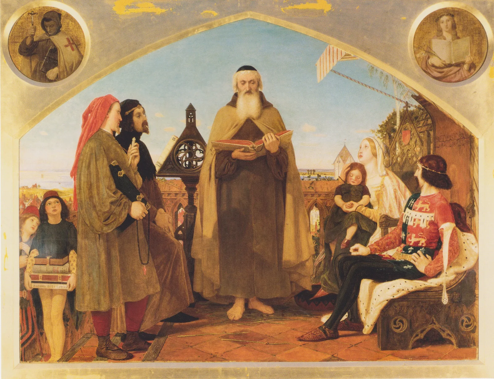 Ford Madox Brown, Wycliffe lendo sua tradução da Bíblia a João de Gaunt (1847–61). Cena imaginada no séc. XIX. Domínio público.