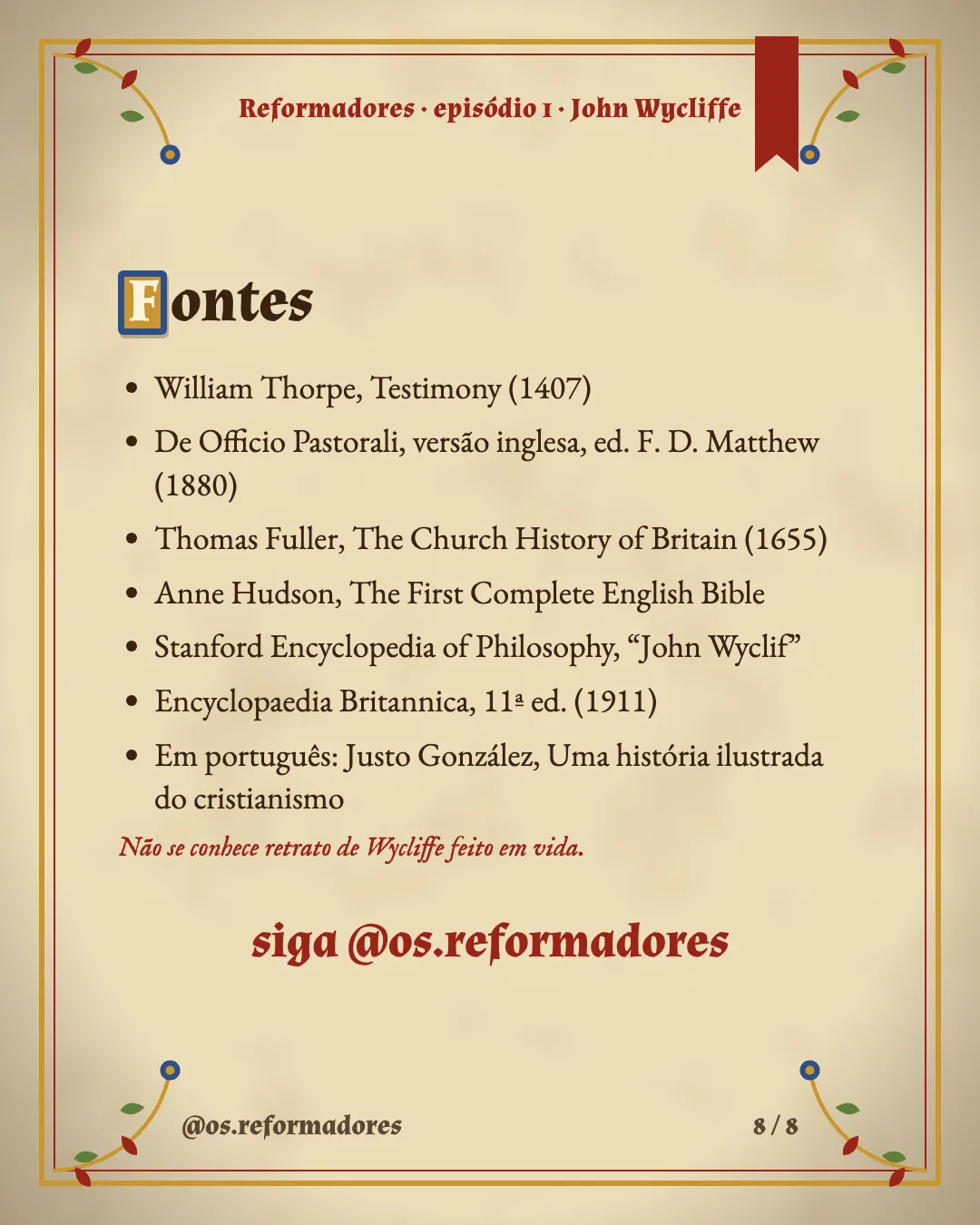 Cartão 8 do resumo de John Wycliffe