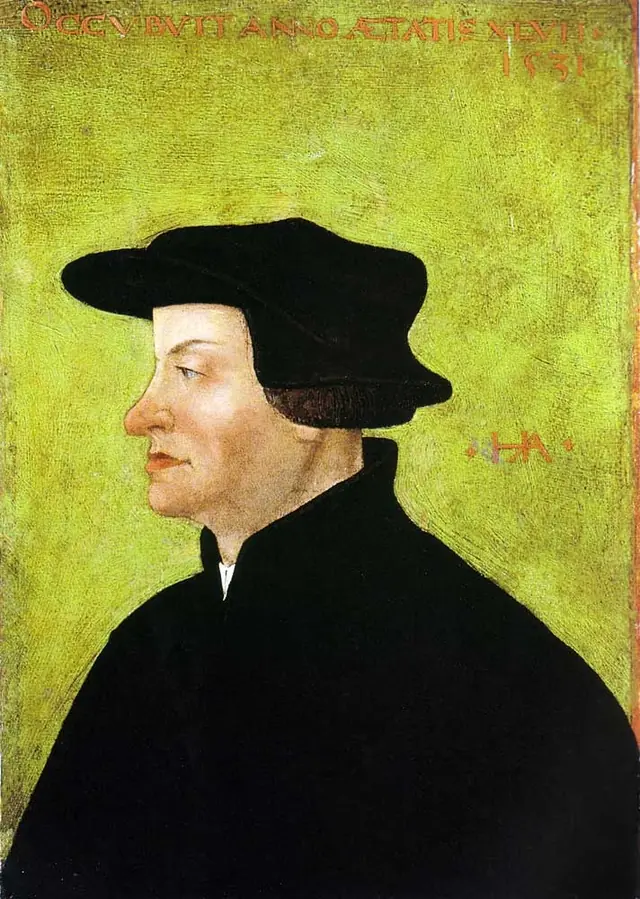Hans Asper, Ulrico Zuínglio, 1531. Kunstmuseum Winterthur. Domínio público. (Se foi pintado em vida ou logo depois da morte não está confirmado: "retrato de 1531".)