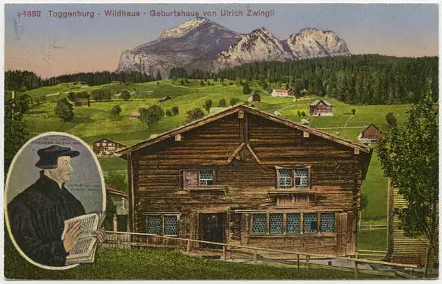 Casa natal de Zuínglio, Wildhaus. Cartão-postal, 1917. Kantonsbibliothek Appenzell Ausserrhoden. Domínio público.