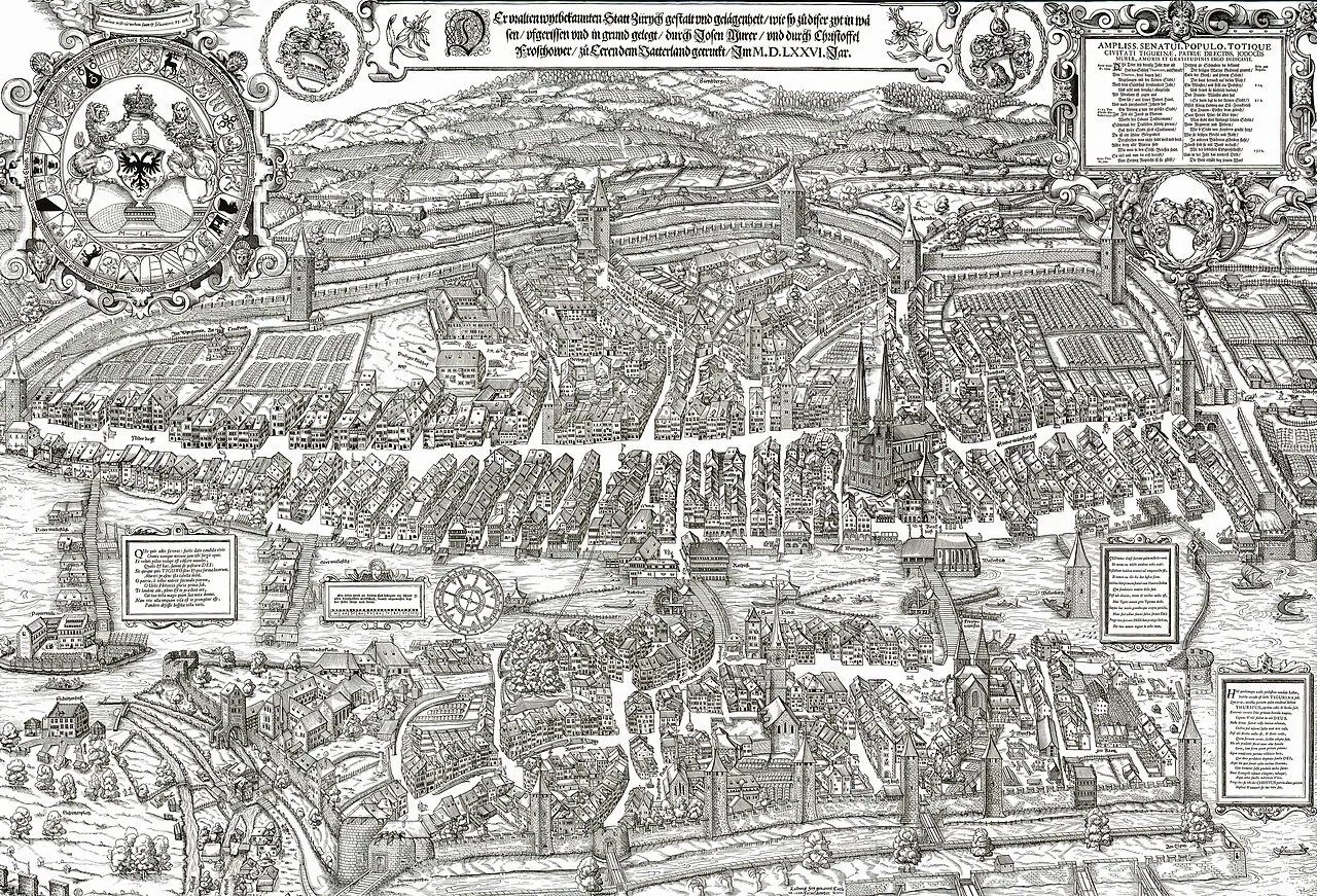 Jos Murer, vista de Zurique, 1576 (impressão de Froschauer). Domínio público.