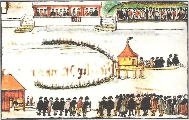 Heinrich Thomann, Afogamento de Felix Manz no Limmat (5/1/1527), 1605/06. Zentralbibliothek Zürich. Domínio público.