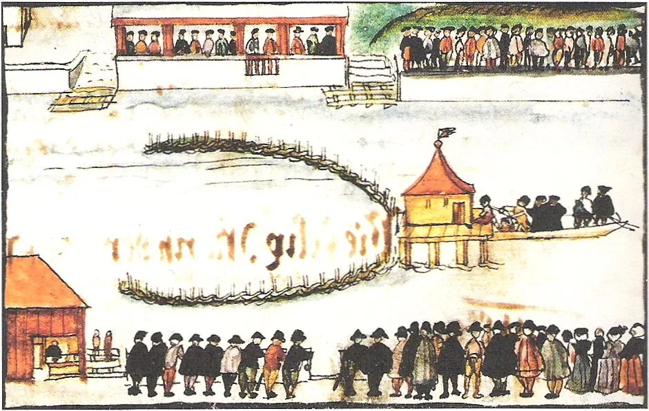 Heinrich Thomann, Afogamento de Felix Manz no Limmat (5/1/1527), 1605/06. Zentralbibliothek Zürich. Domínio público.