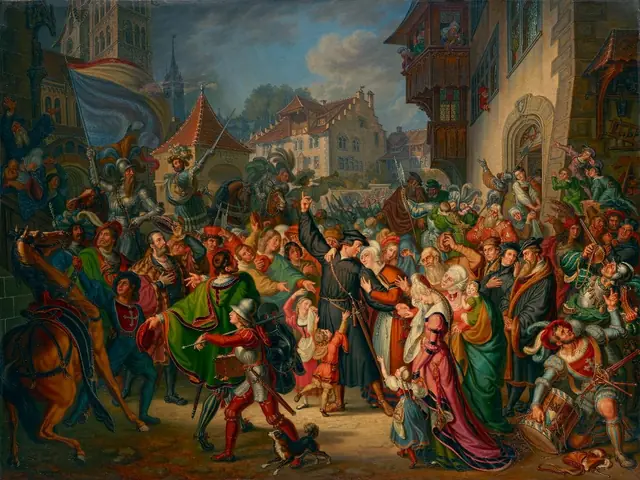Ludwig Vogel, A despedida de Zuínglio ao partir para a batalha de Kappel, 1838. Kunsthaus Zürich (inv. 2218, empréstimo do Zwingli-Verein). Domínio público. Representação do séc. XIX.