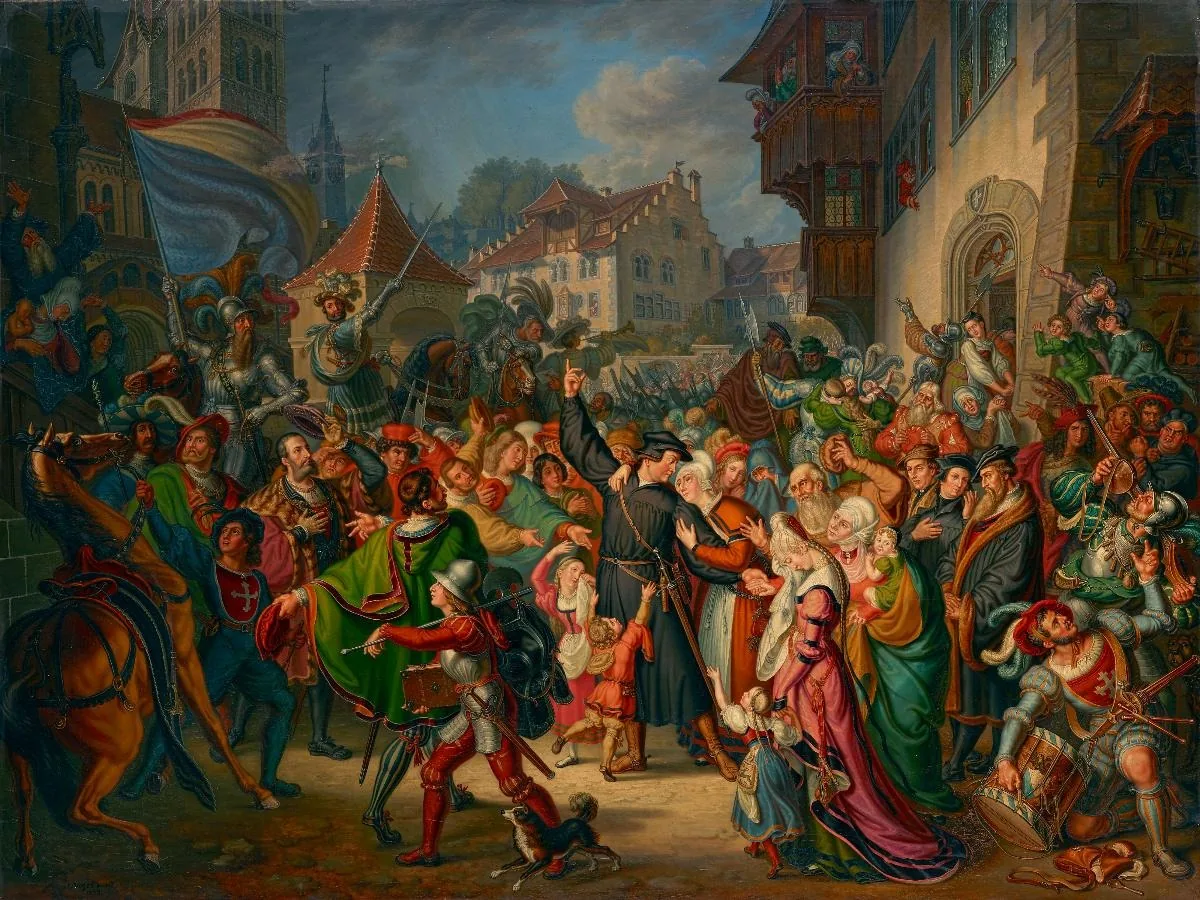 Ludwig Vogel, A despedida de Zuínglio ao partir para a batalha de Kappel, 1838. Kunsthaus Zürich (inv. 2218, empréstimo do Zwingli-Verein). Domínio público. Representação do séc. XIX.